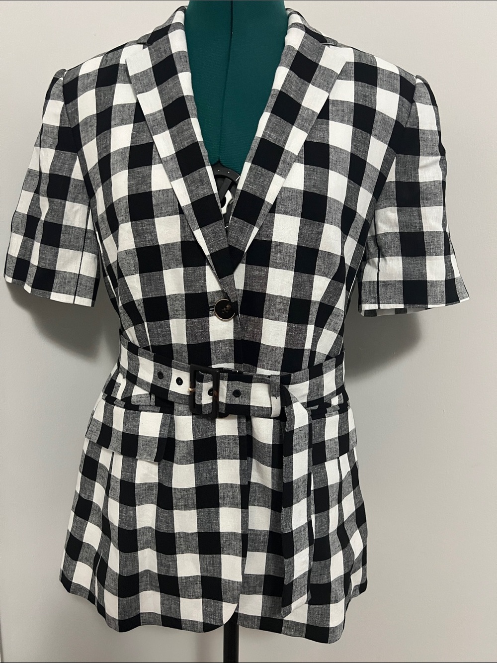 Ann Taylor Black and White Gingham Belted Short Sleeve Blazer with Teal Lining